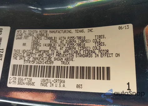 2013 Toyota Tundra Grade 5.7L V8 из США, поврежденный, VIN 5TFRY5F16DX145389